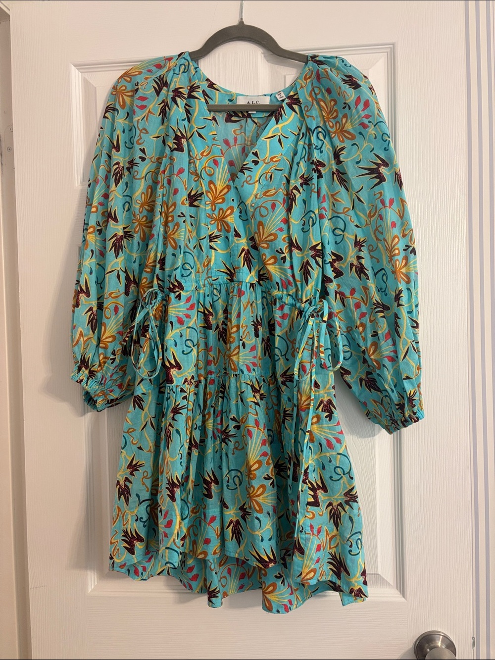 A.L.C. Turquoise Floral Tie-Waist Dress with Gold and Burgundy Accents